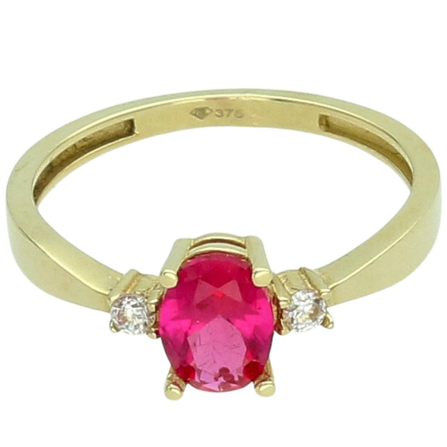 Złoty pierścionek damski z różową cyrkonią i dwoma białymi kamieniami cyrkonie.jpg